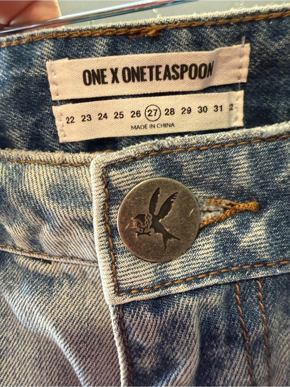ONE x ONETEASPOON Distressed Denim Mini Skirt | Size 27 | Raw Hem | Light Wash - Picture 3 of 6